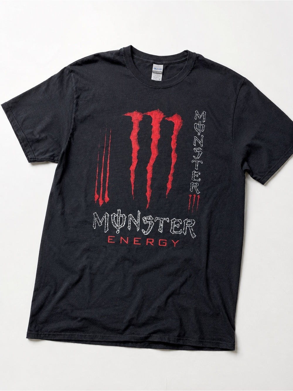 Gildan 5000 Black Tee with Red Monster Energy Logo Streetwear Size L